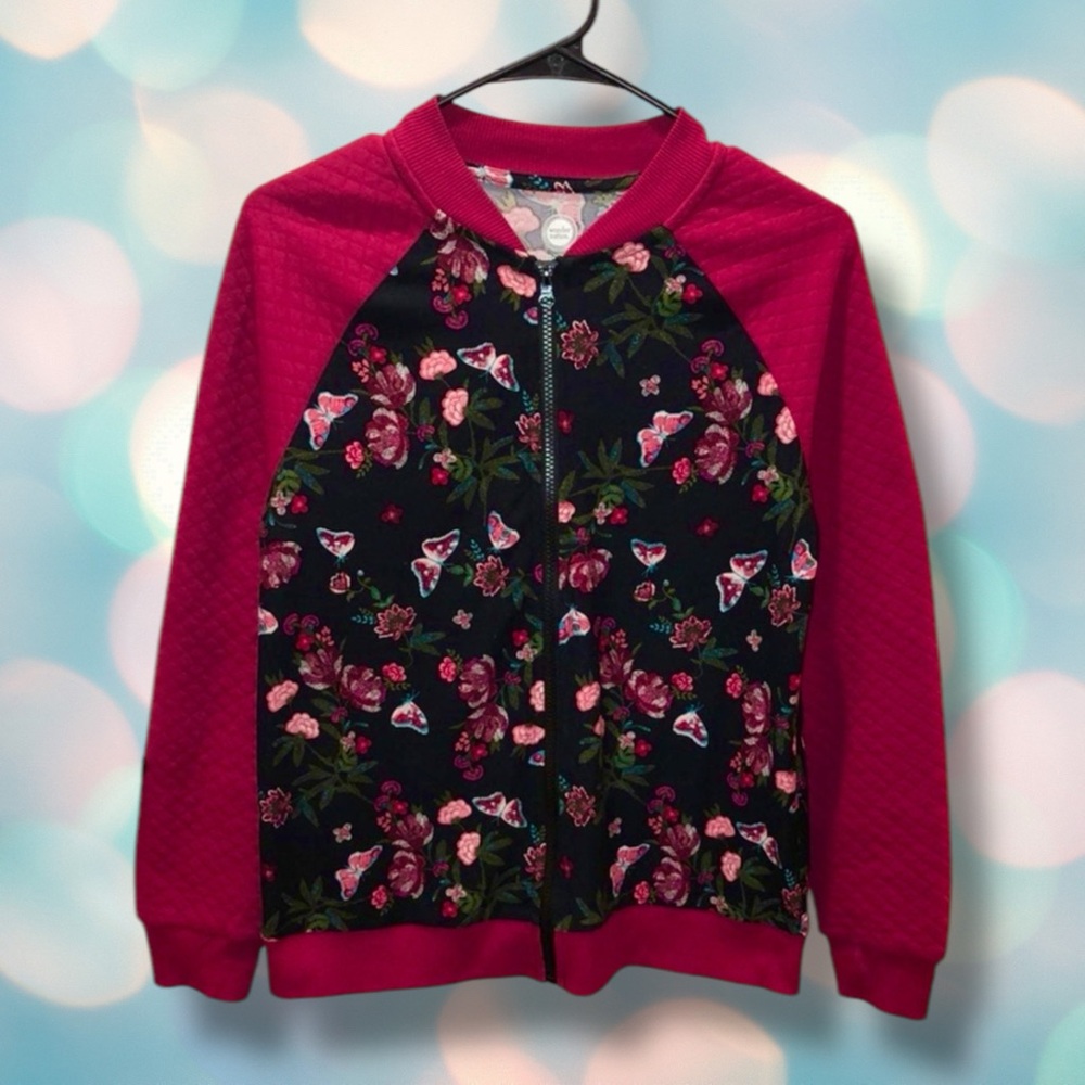 Floral Butterfly Black and Red Girl's Zip Quilted Sweatshirt Size L 10/12